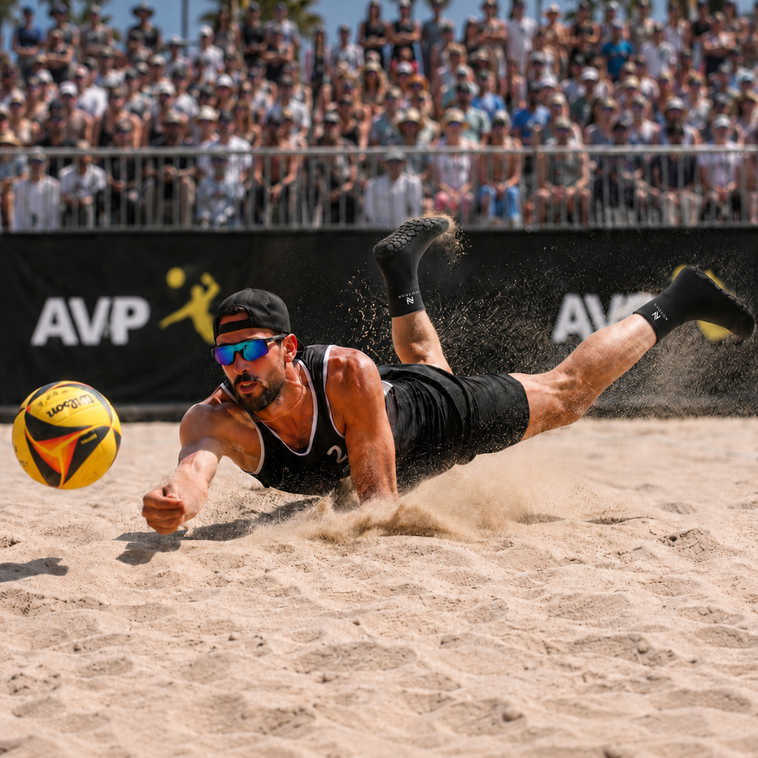 NORDAN Beach Sock diving for the ball at an AVP tournament